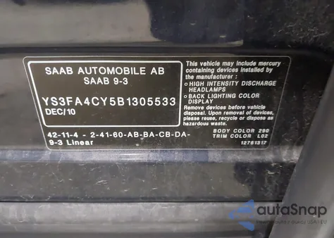 2011 Saab 9-3 from USA, damaged, VIN YS3FA4CY5B1305533